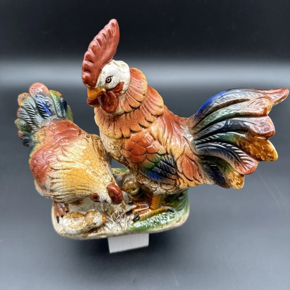 Rooster‎ Hen Baby Chick Figurine - Crackle Effect Colorful Vintage